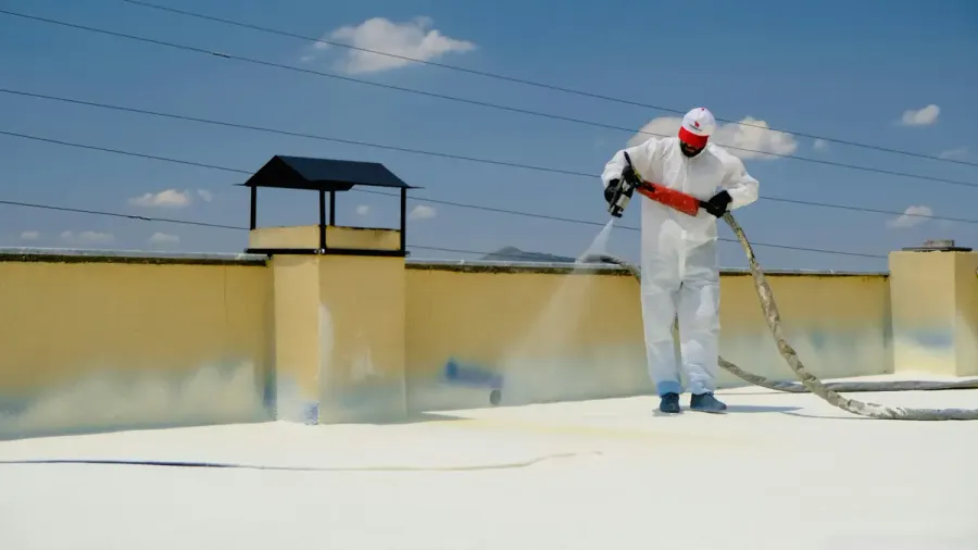 Aplicador con traje de protección rociando impermeabilizante sobre una azotea