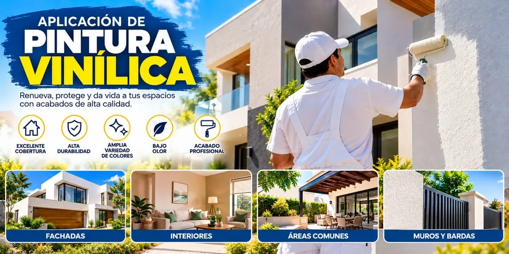 Aplicación de pintura vinílica: excelente cobertura, alta durabilidad, amplia variedad de colores, bajo olor y acabado profesional, en fachadas, interiores, áreas comunes y muros