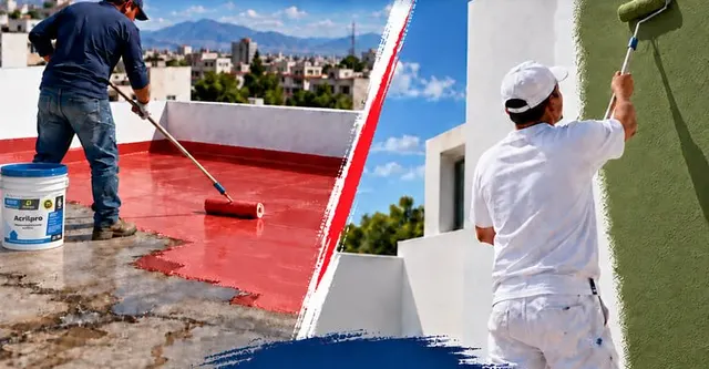 Aplicación de impermeabilizante acrílico rojo con rodillo sobre una azotea